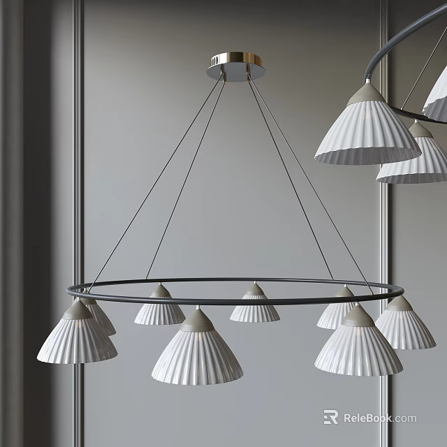 Modern Circular Chandelier With Multiple Pleated White Gray Shades And Metallic Frame 3d model