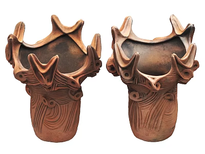 Handcrafted Brown Ceramic Vessels With Unique Textured Surface And Spiked Top Design 3d model