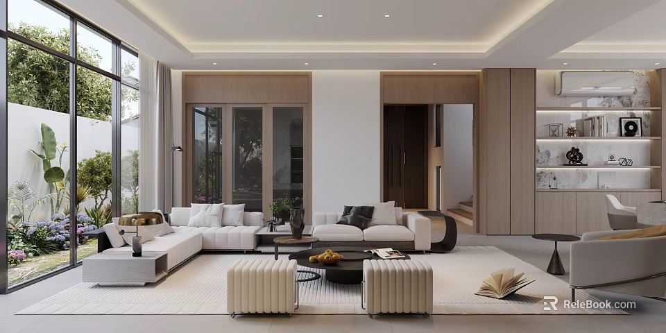 Modern Living Room Interior With White Sofa Coffee Table And Large Windows 3d model