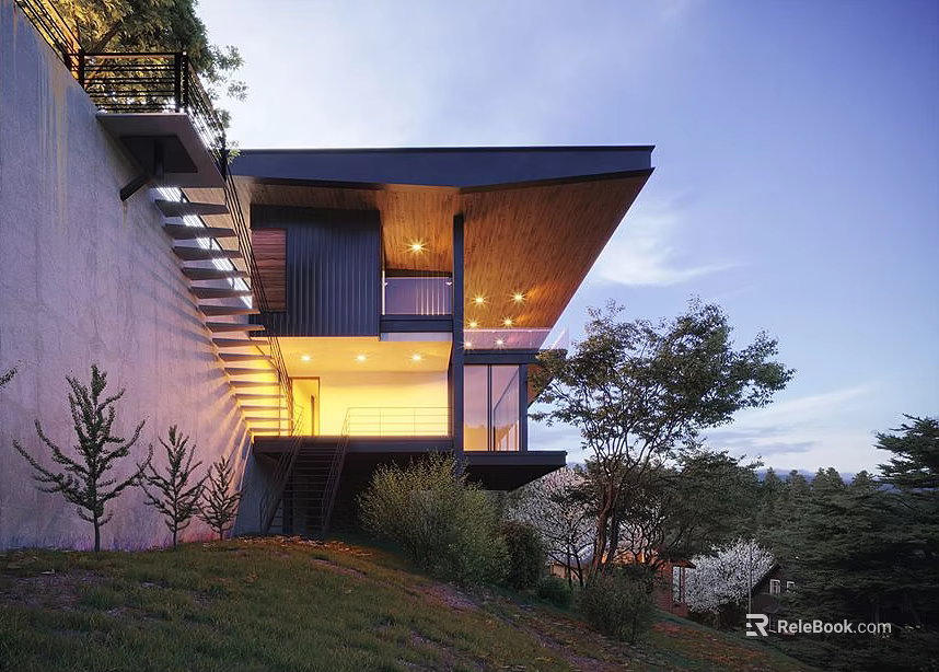 Modern Detached Villa on Hillside with Glass Windows Illuminated Lawn and Trees 3d model 