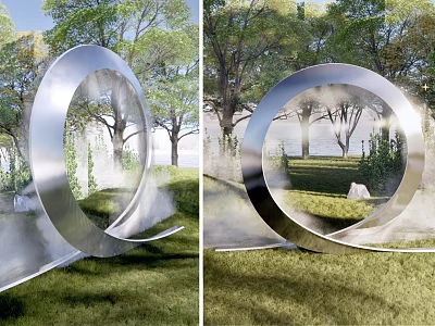 Large Metallic Ring Landscape Sculpture in Green Park with Trees and Water Flow 3d model