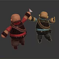 Cartoon Game Characters In Red Blue Outfits Black Vests Holding Tools High Five Lively Pose