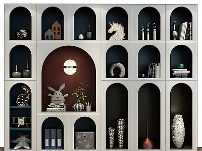 Modern Bookcase with Arched Niches Featuring Decorative Items Bunny Figurine Plants Books Vases and Sculptures 3d model