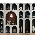 Modern Bookcase with Arched Niches Featuring Decorative Items Bunny Figurine Plants Books Vases and Sculptures