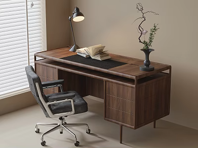 Modern Wooden Desk and Office Chair Set With Table Lamp Open Books Vase and Plant 3d model
