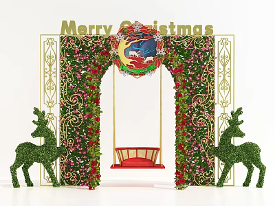 Festive Christmas Decoration With Decorative Arch Red Swing And Reindeer Figures 3d model