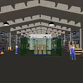 Warehouse Workspace With Green Metal Fence Cardboard Boxes High Ceiling And Workers