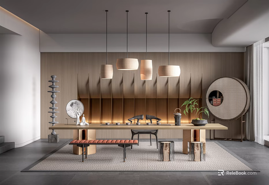 Modern Tea Room Interior Design With Wooden Walls Hanging Pendant Lights Long Table And Cushions 3d model 