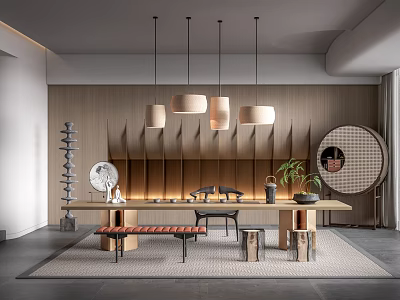 Modern Tea Room Interior Design With Wooden Walls Hanging Pendant Lights Long Table And Cushions 3d model