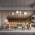 Modern Tea Room Interior Design With Wooden Walls Hanging Pendant Lights Long Table And Cushions
