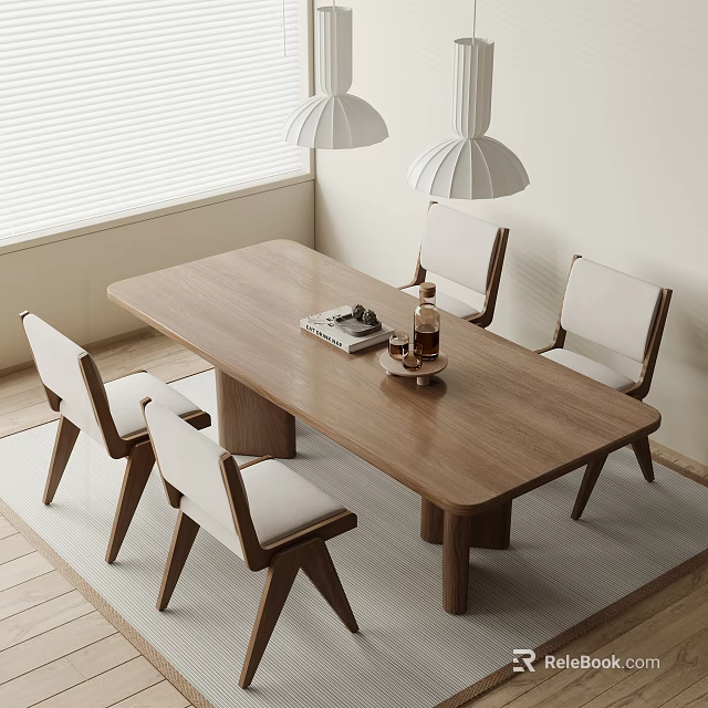 Modern Wooden Dining Table Set With Four Chairs And Pendant Lights On Wooden Floor 3d model 