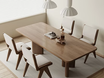 Modern Wooden Dining Table Set With Four Chairs And Pendant Lights On Wooden Floor 3d model