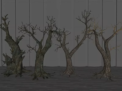 Group of Leafless Trees With Rough Trunks In Gray Display Setting 3d model