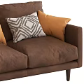 Brown Three Seater Leather Sofa with Orange and Geometric Patterned Decorative Pillows 3d model