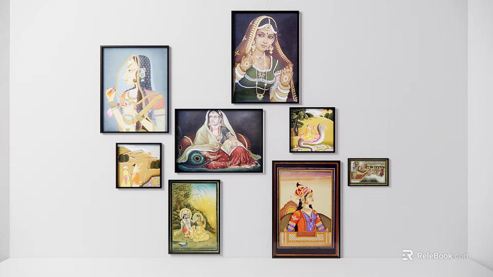 Traditional Indian Female Portraits With Various Poses In Framed Wall Art On White Background 3d model 