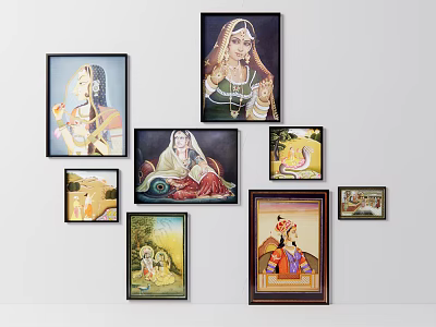 Traditional Indian Female Portraits With Various Poses In Framed Wall Art On White Background 3d model