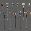 Ornate Magic Staffs With Decorative Elements And Various Fantasy Weapon Designs 3d model