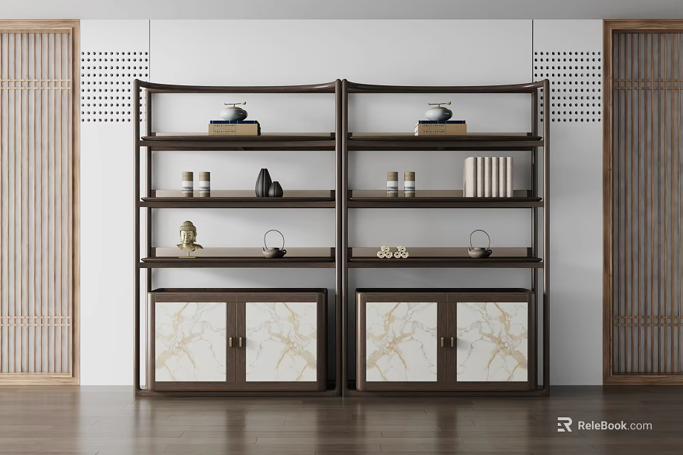 Chinese Style Display Shelf With Decorative Items And Cabinets 3d model 