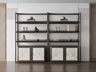Chinese Style Display Shelf With Decorative Items And Cabinets 3d model