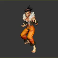 Anime Character With Spiky Black Hair Orange Pants White Top Furry Trim Action Pose Gray Background