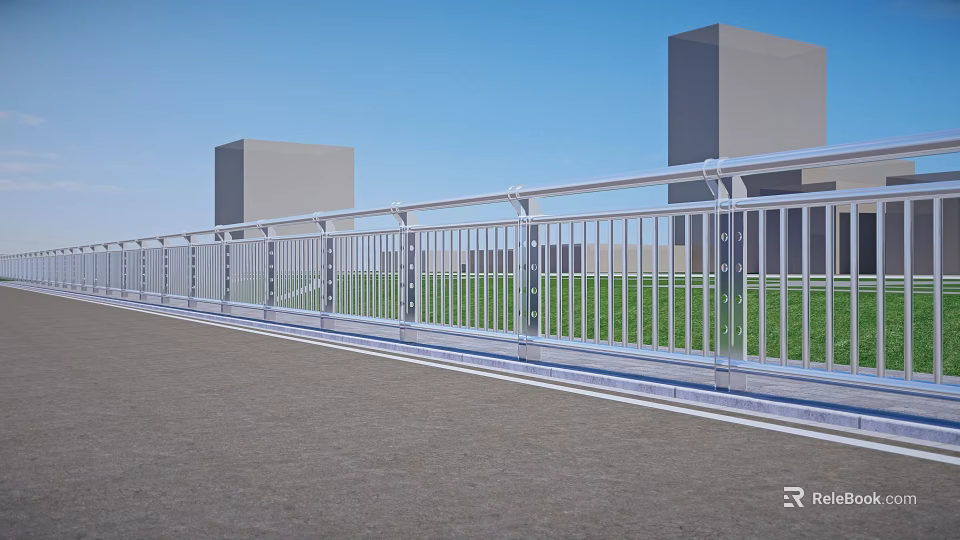 Modern White Railing Along Paved Road With Green Grass Tall Buildings And Blue Sky 3d model 