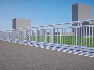 Modern White Railing Along Paved Road With Green Grass Tall Buildings And Blue Sky 3d model