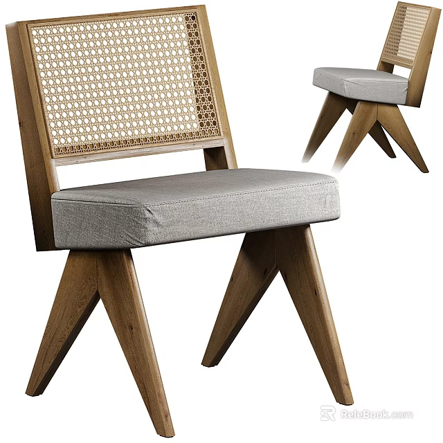 Modern Dining Chairs With Woven Rattan Backrest Gray Upholstered Seat And Wooden Legs 3d model 