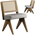Modern Dining Chairs With Woven Rattan Backrest Gray Upholstered Seat And Wooden Legs
