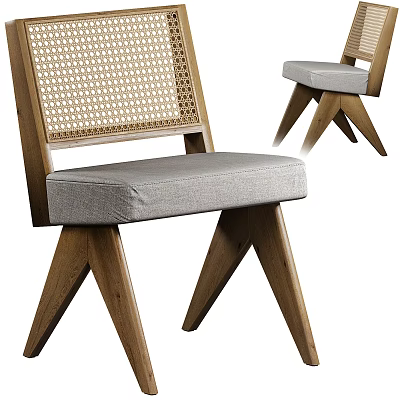 Modern Dining Chairs With Woven Rattan Backrest Gray Upholstered Seat And Wooden Legs 3d model