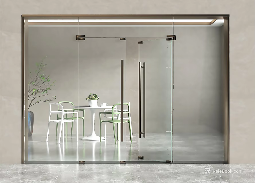 Modern Glass Double Doors In Bright Interior With Dining Table And Chairs 3d model 