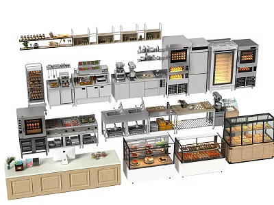 Essential Commercial Kitchen Appliances Including Ovens Refrigerators Display Cases And Worktables 3d model