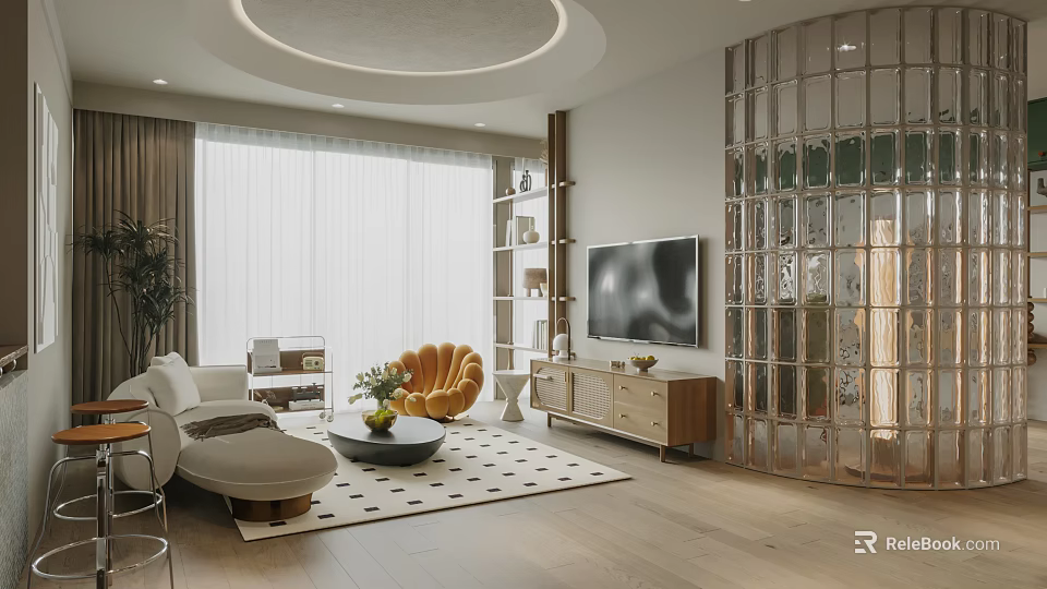 Modern Living Dining Room Interior Design With Round Ceiling Light Sofa Coffee Table And Rug 3d model