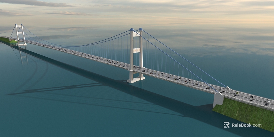 Spanning Calm Water White Suspension Bridge With Blue Cables And Cloudy Sky 3d model 