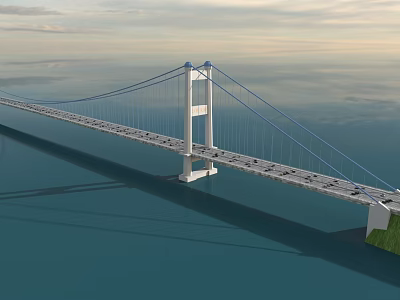 Spanning Calm Water White Suspension Bridge With Blue Cables And Cloudy Sky 3d model