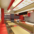 Modern Restaurant Interior Design With Red Seats Wooden Walls And Display Cases