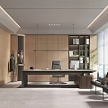 Modern Office Interior With Wooden Cabinetry Large Desk Black Chair Bookshelf Plants And Natural Light
