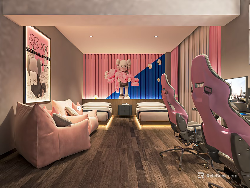 Modern Elegant Hotel Room With Pink Gaming Chairs Sofa Pink Curtains Artwork And Wooden Flooring 3d model 