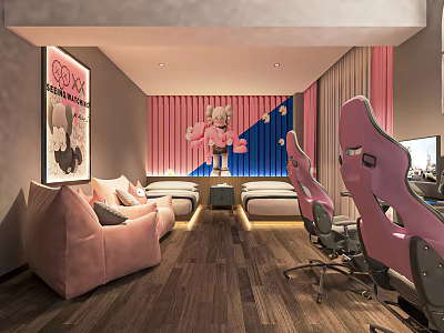 Modern Elegant Hotel Room With Pink Gaming Chairs Sofa Pink Curtains Artwork And Wooden Flooring 3d model