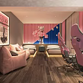 Modern Elegant Hotel Room With Pink Gaming Chairs Sofa Pink Curtains Artwork And Wooden Flooring
