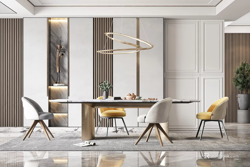 Modern Dining Table Set With Yellow And Grey Chairs And Hanging Ring Light 3d model