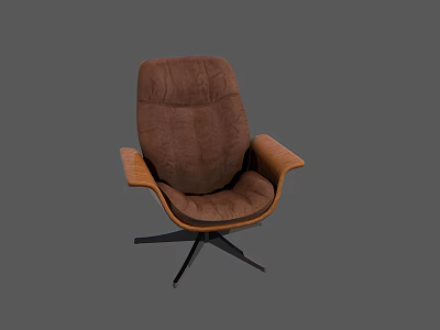 Brown Plush Cushioned Lounge Chair With Wooden Armrests And Black Swivel Base 3d model