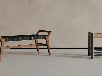 Minimalist Wooden Stools With Upholstered Seats Against Neutral Wall And Light Floor 3d model