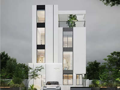 Modern Detached Villa with White Exterior Multi Storey Design and Lush Greenery 3d model