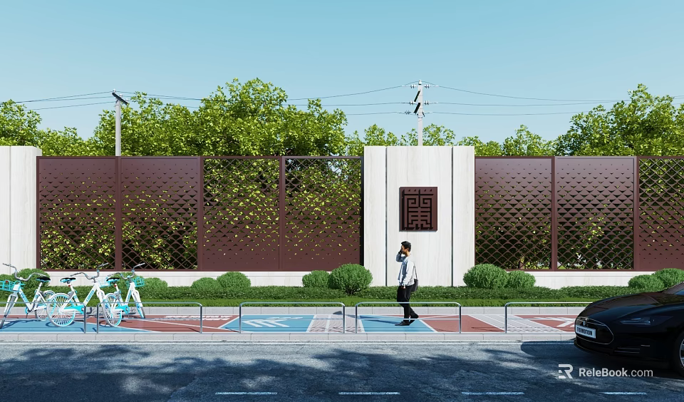 Building Exterior Wall With White Stone Panel Brown Metal Grille Green Plants Pedestrian And Bicycle Parking Area 3d model 