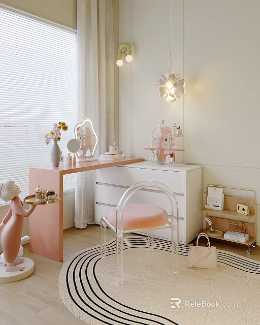 Cozy Pink Vanity Table With Mirror Chair Decorative Flowers And Soft Lighting 3d model 
