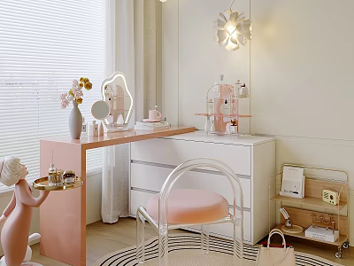 Cozy Pink Vanity Table With Mirror Chair Decorative Flowers And Soft Lighting 3d model