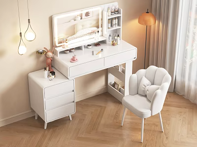 Modern White Dressing Table Interior Design With Mirror Chair And Storage Drawers 3d model