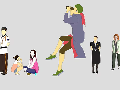 Multiple People in Diverse Poses Standing Crouching and Looking Through Telescope with Various Clothing 3d model