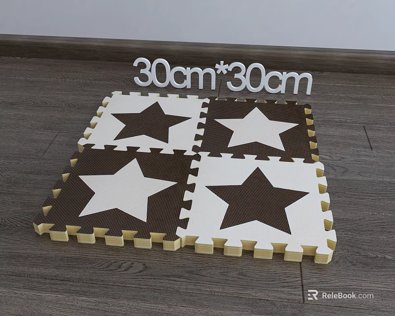 Brown And White Square Puzzle Mats With Star Pattern 30cm By 30cm On Wooden Floor 3d model 