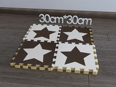 Brown And White Square Puzzle Mats With Star Pattern 30cm By 30cm On Wooden Floor 3d model